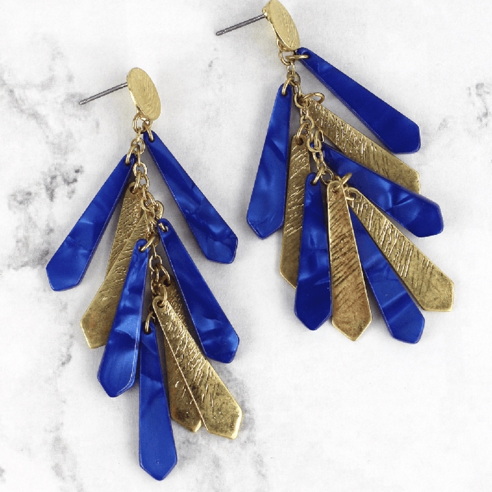 2 /$10- BLUE RESIN GOLDTONE  FRINGE EARRINGS